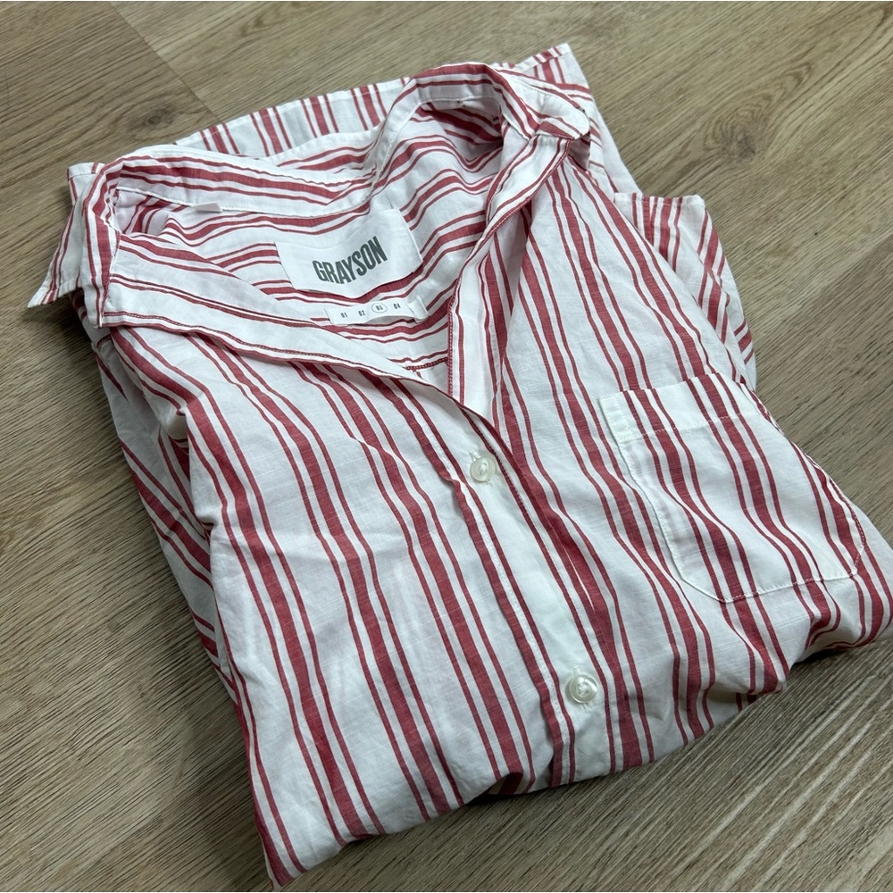 NWT Grayson 100% Cotton Red White Striped 'Hero' Button Down Long Sleeve Top